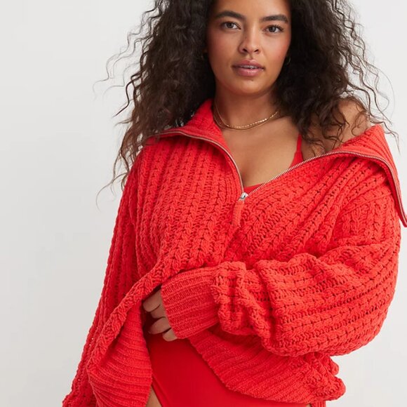 Aerie Red Cable Knit Quarter Zip Sweater - Picture 1 of 9